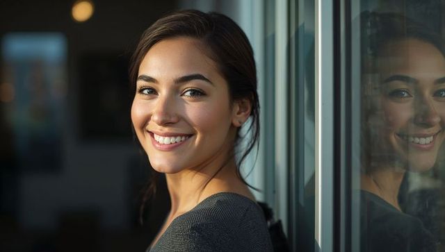 Young woman smiling and leaning on glass window showing warm bokeh reflection