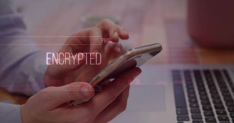 Person Using Smartphone with Encrypted Digital Overlay