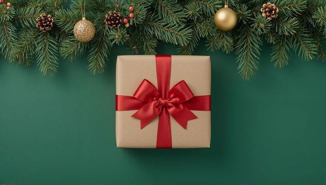 Kraft wrapped gift with red satin bow and pine garland on deep green holiday backdrop