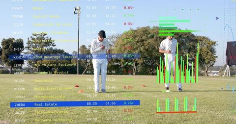 Cricketers analyzing performance with wearable devices and market data overlay on field