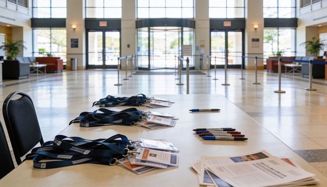 Conference registration table with lanyards, badges and pens in bright modern lobby