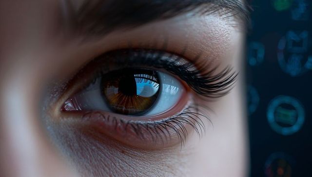 Focusing macro human eye with brown iris and long lashes reflecting blue light and tech bokeh