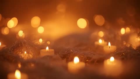 Tealight Candles Flickering on Tinsel Creating Warm Bokeh Ambience for Relaxation