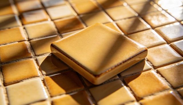 Glazed honey ceramic tile stack casting warm diagonal shadow and sunlit highlights