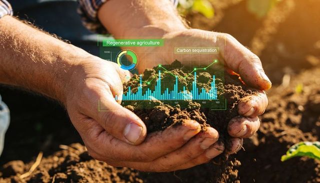 Farmer hands holding rich soil while displaying regenerative agriculture data overlay