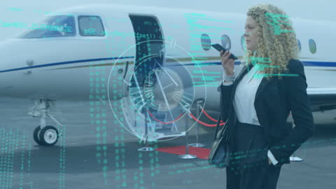 Businesswoman at Airport with Data Visualization Overlay