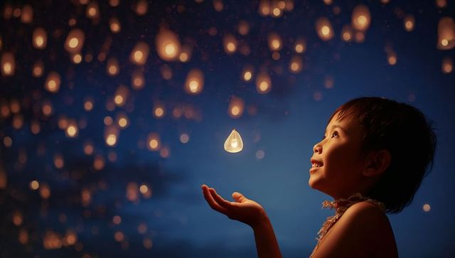 Child Gazing Overhead with Floating Lantern in Twilight
