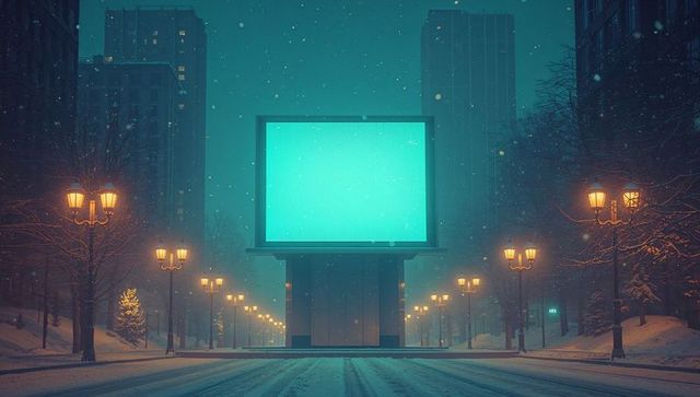 Illuminated billboard on snowy winter avenue