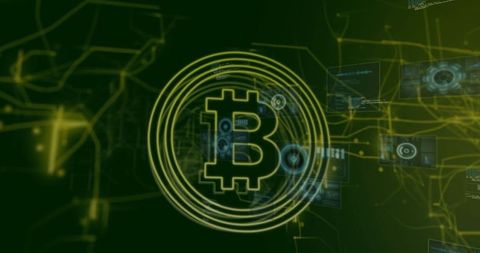 Bitcoin Symbol in Digital Network with Rotating Glowing Effect