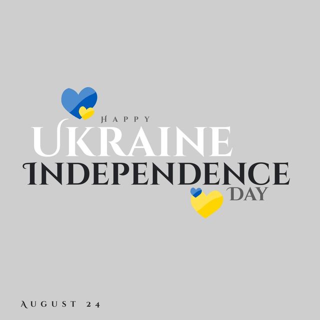 Illustration of blue and yellow heart shapes with happy ukraine independence day and august 24 text. Love, vector, copy space, white background, patriotism, celebration, freedom, identity concept.