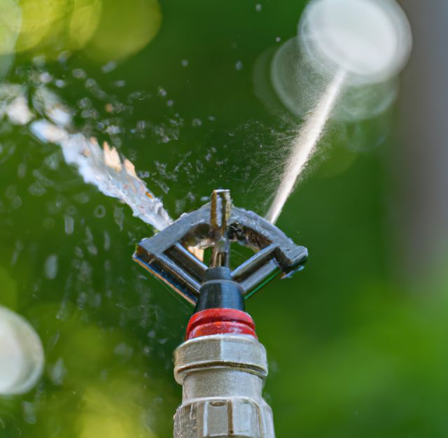 High-resolution close-up of water sprinkler working in a garden setting. Ideal for illustrating concepts related to gardening, irrigation systems, water conservation, summer gardening, and outdoor equipment. Useful for blogs, articles, magazines, and advertisements targeting garden enthusiasts, landscapers, and DIY projects in home and garden care.
