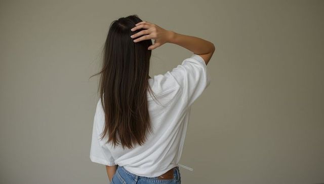 Woman with long brown hair wearing casual white t-shirt and blue jeans