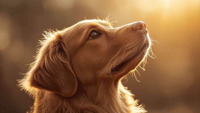 Golden Retriever Gazing into Sunset Rim Light with Soft Bokeh and Warm Golden Glow