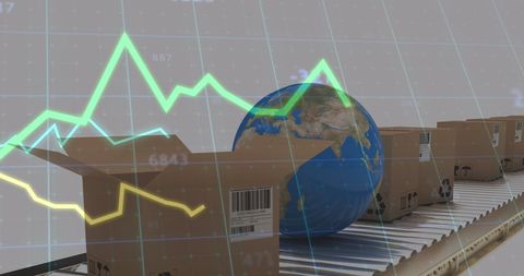 Global Shipping Concept with Statistics Overlay on Earth and Parcel Boxes