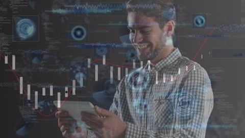 Man Interacting with Futuristic Financial Data Interface