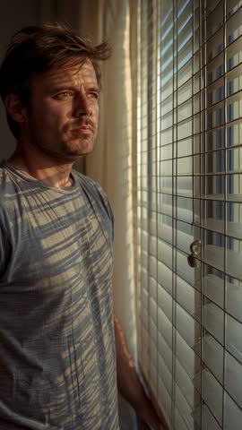 Vertical video man squinting at sunlight through venetian blinds, leaning on window