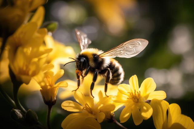 Close-up captures bumblebee enjoying pollination amidst yellow flowers illuminated by gentle sunlight. Ideal for nature-related content, articles on biodiversity, and educational materials about pollinators. Great for promoting environmental awareness, gardening, and summer beauty.