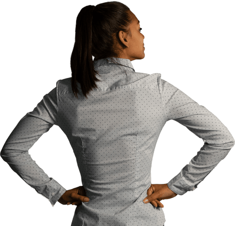 Transparent Rear View Woman with Hands on Hips in Polka Dot Shirt Confident Pose