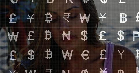 Woman Deep in Thought with Currency Symbol Overlay