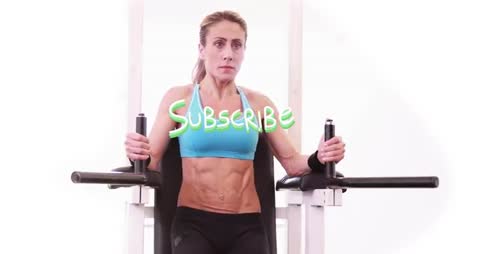 Female Trainer Performing Seated Leg Raise on Gym Machine With Subscribe Overlay