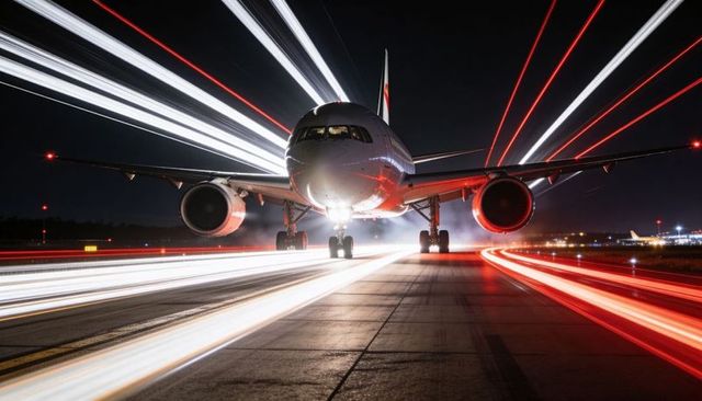 Front view twin-engine airliner on runway at night with dramatic light trails