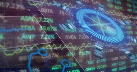 Futuristic Overlay of Financial Data and Graphs with Cityscape