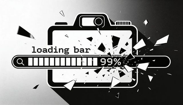Shattered loading bar breaking through retro camera interface 99% progress concept