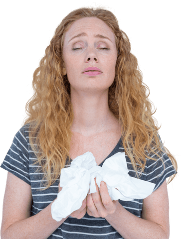 Blonde Woman Holding Tissue Reflecting Discomfort