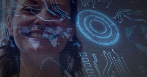 Smiling woman interacting with holographic augmented reality interface and global data HUD