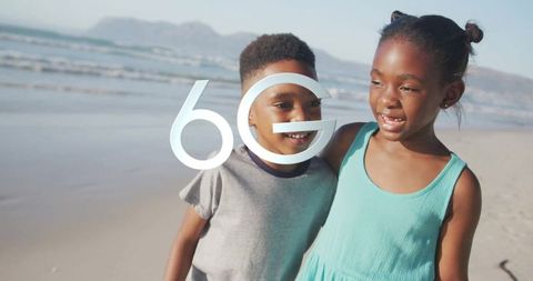 Joyful Siblings at Beach with 6G Innovation Overlay