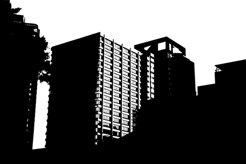 Transparent urban cityscape silhouette on clear background