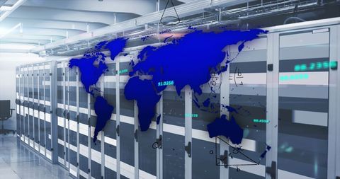World Map and Data Overlay in High-Tech Server Room