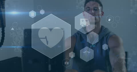 Digital Health Interface Over Man Exercising in Gym