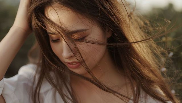 Windblown asian woman tilting head with long hair across face in meadow at golden hour