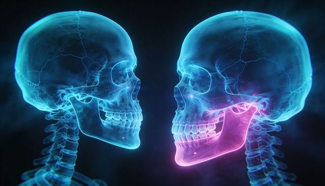 Glowing holographic skulls facing each other with highlighted jaw and cervical vertebrae
