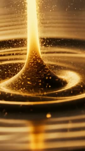 Pouring golden viscous liquid forming mound with shimmering flakes and ripples | Macro video