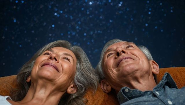 Senior couple stargazing on backyard loungers under starry night, tranquil intimate moment