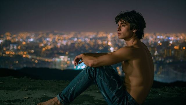 Contemplative Shirtless Man Sitting on Hilltop Gazing Over City Nightscape with Bokeh Lights