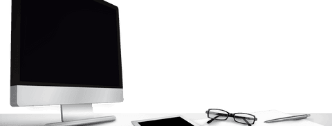 Transparent workplace desk with computer tablet objects