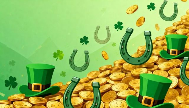 St patrick gold coin treasure with leprechaun hats and horseshoes for festive banner
