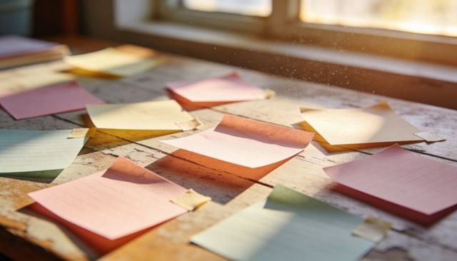 Sunlight streaming over pastel sticky notes on rustic wooden table for creative planning