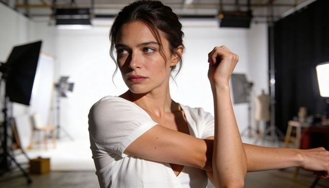 Model posing in white top turning left with raised arm in studio with dramatic lighting