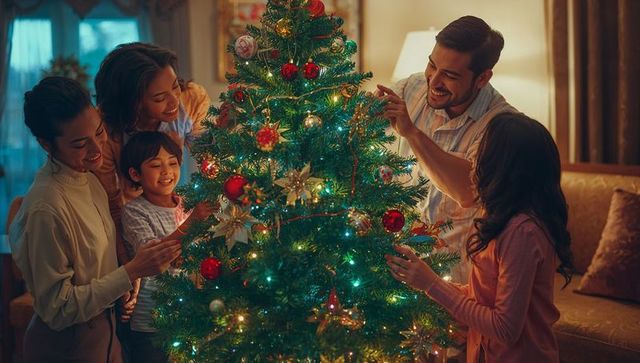 Family Decorating Christmas Tree Together with Joy and Laughter