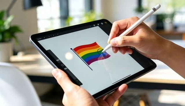 Drawing rainbow pride flag on tablet with stylus in home workspace for lgbtq design