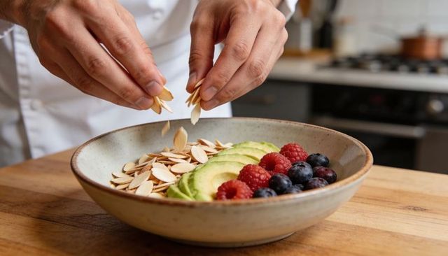 Chef sprinkling sliced almonds over avocado and berry breakfast bowl on wooden counter