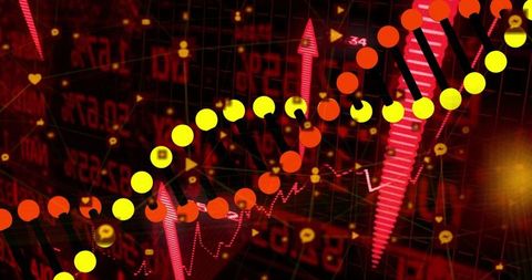 Digital helix over financial trading dashboard with market indicators