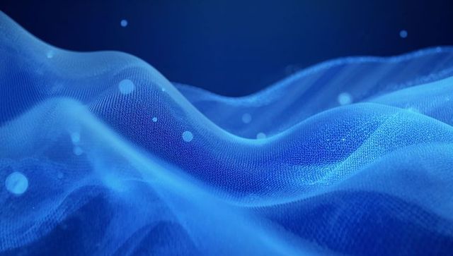 Undulating blue mesh wave flowing through abstract digital space with glowing particles