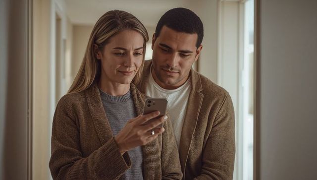 Couple showing engagement ring while viewing phone together in cozy home hallway