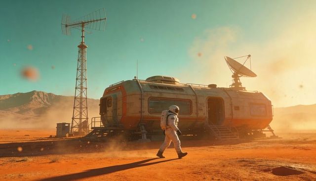 Astronaut walking across martian plain toward modular habitat with satellite dish