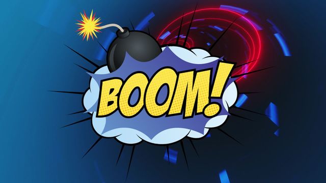 Graphic design featuring vivid BOOM text in classic comic book style with a retro speech bubble and a bomb illustration. The neon shapes and colors in the background create a striking visual effect. Perfect for use in designs related to comics, playful content, advertisements, children's entertainment, and pop art projects.